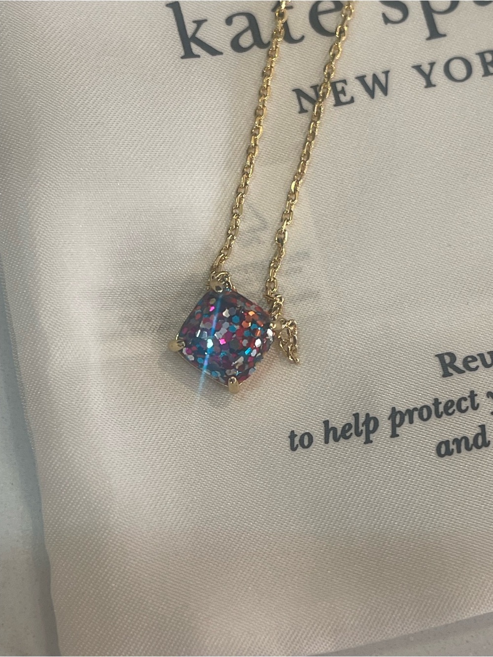 kate spade Gold Necklace with Multicolor Glitter Cushion Pendant